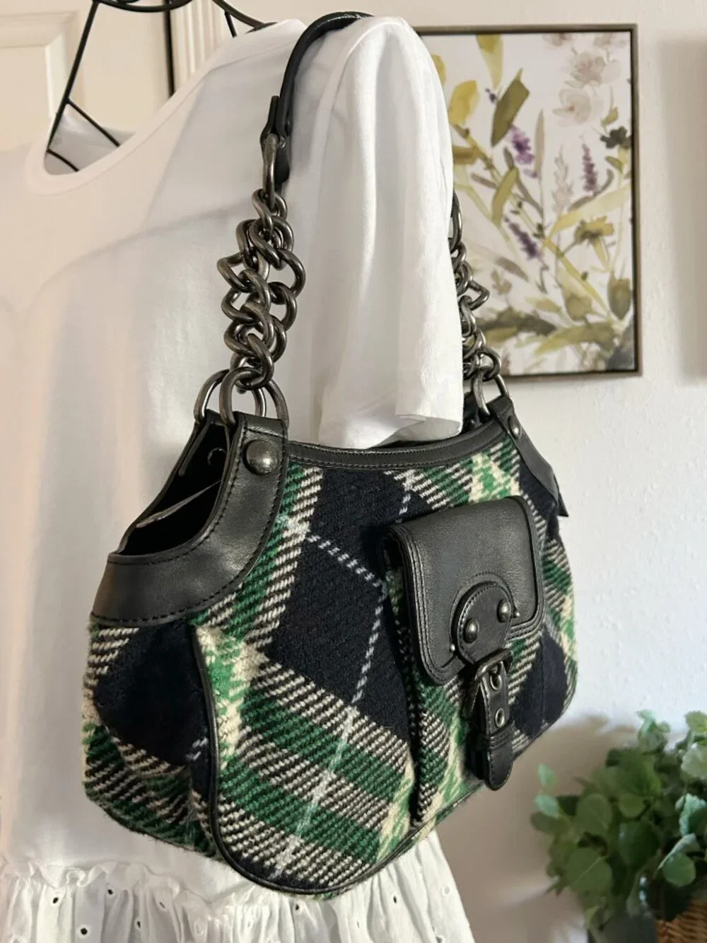 Burberry Black and Green Plaid Shoulder Bag with Chain Strap